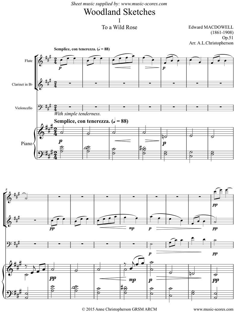 To a Wild Rose: Flute, Clarinet, Cello and Piano by MacDowell