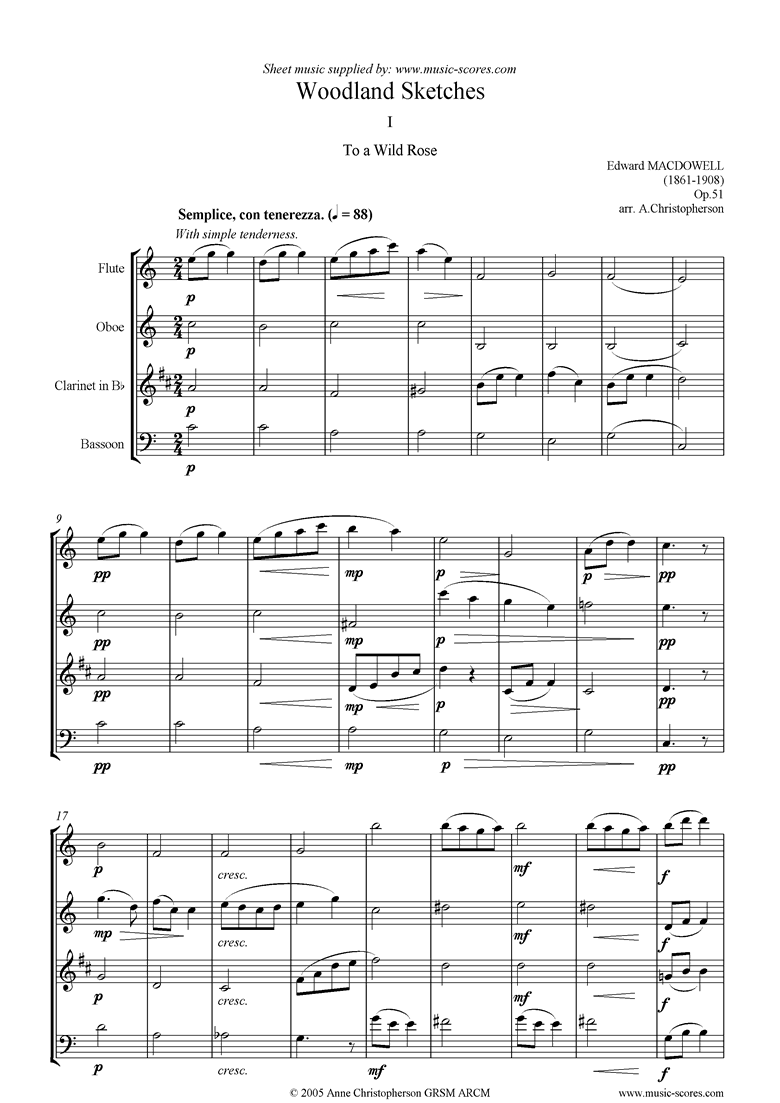 Front page of To a Wild Rose: flute, oboe, clarinet, bassoon sheet music