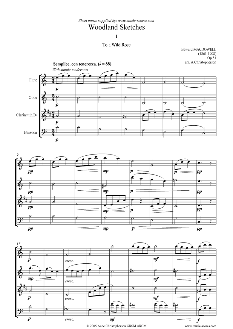 To a Wild Rose: flute, oboe, clarinet, bassoon by MacDowell