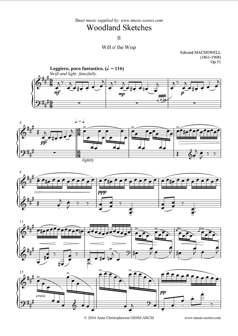 Front page of Woodland Sketches: Op.51, No.2: Will o the Wisp sheet music