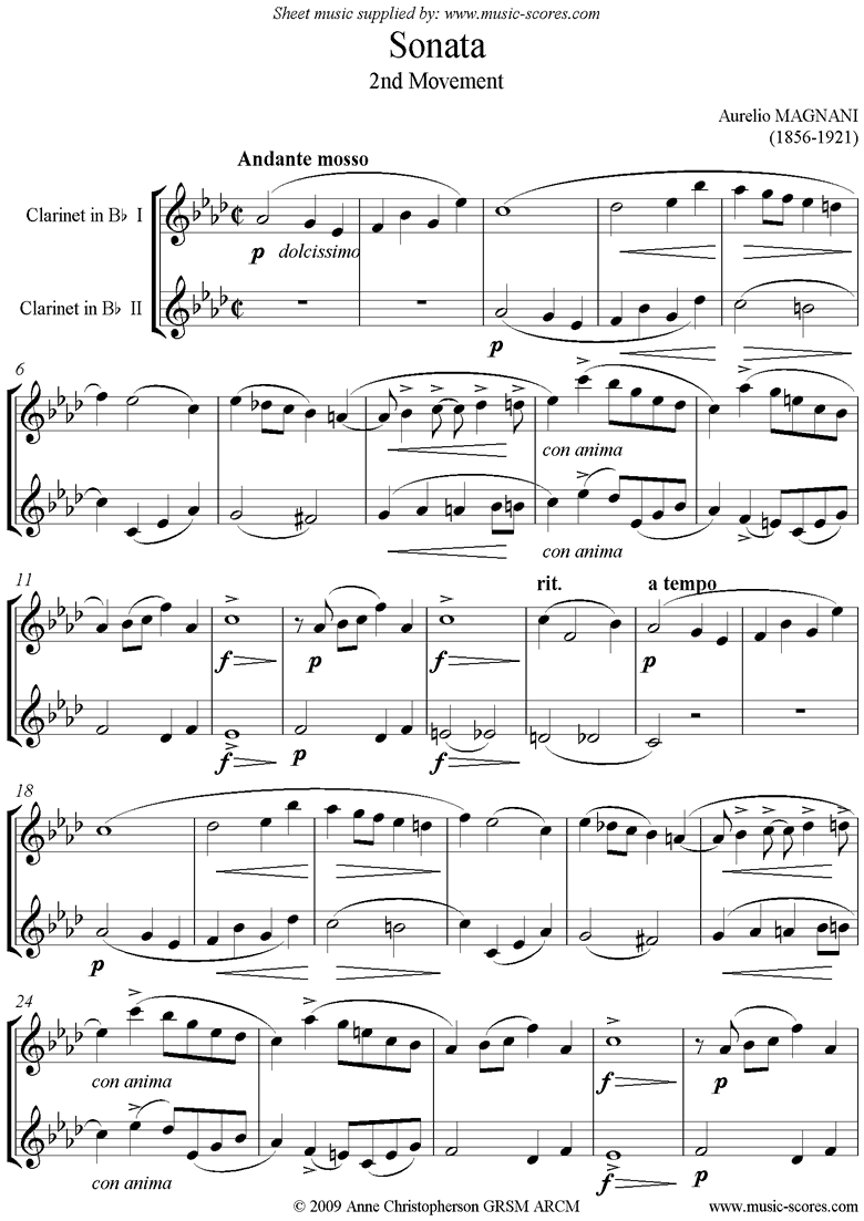 Front page of Sonata 2 Clarinets: 2nd mvt: Andante Mosso sheet music