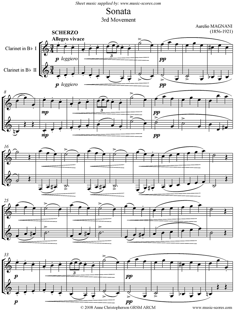 Front page of Sonata 2 Clarinets: 3rd mvt: Scherzo and Trio sheet music