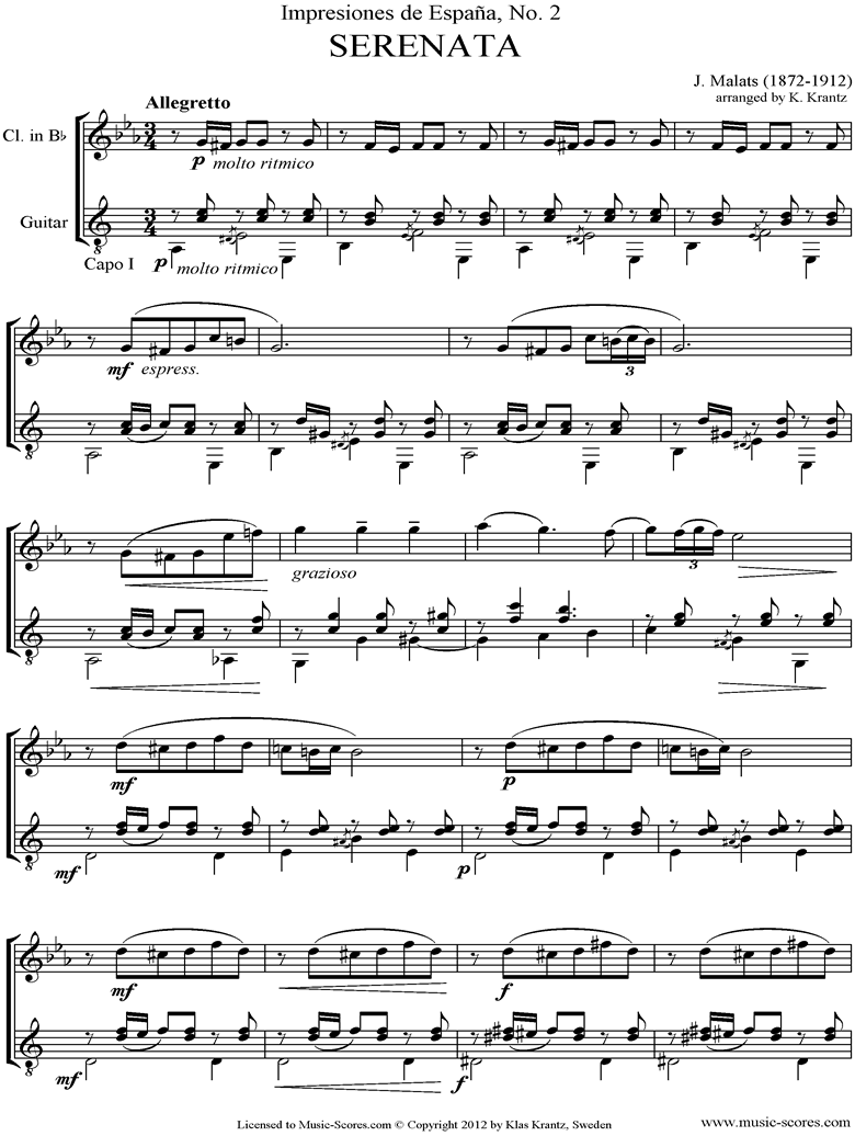 Front page of Serenata Espanola: Clarinet, Guitar Capo I sheet music