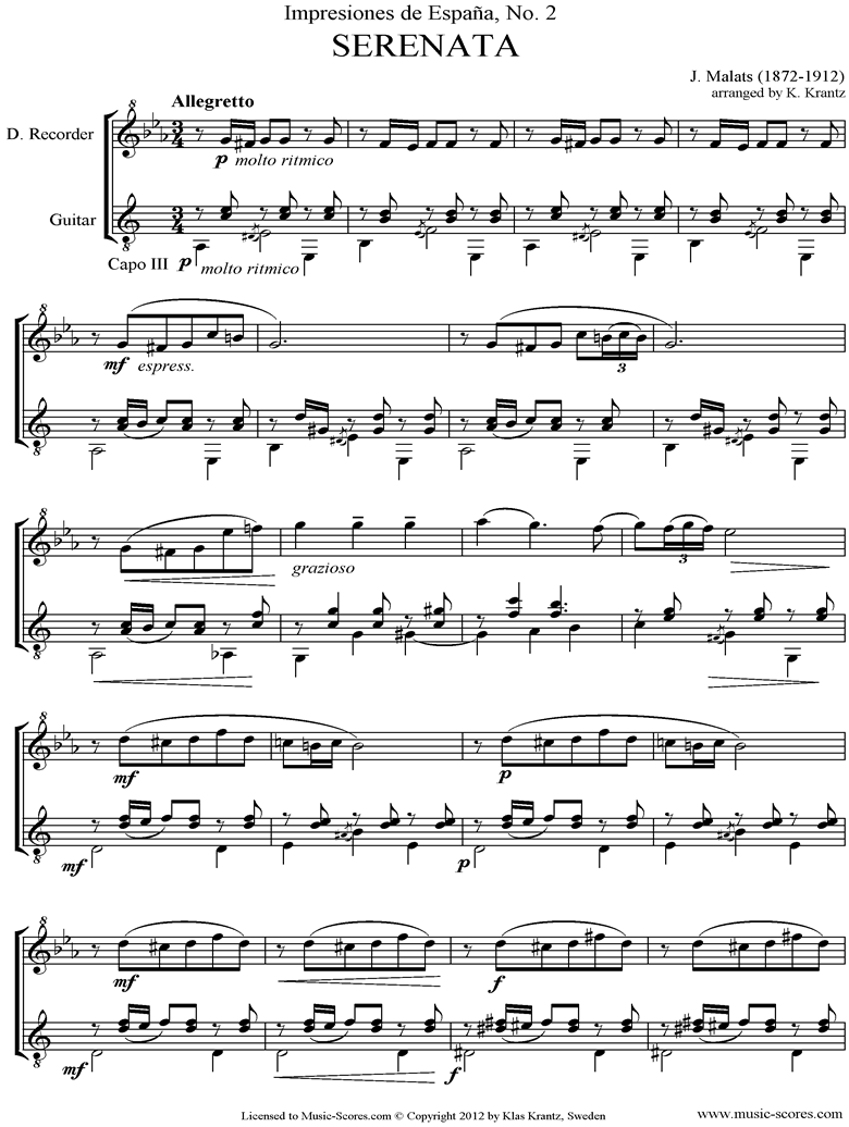 Front page of Serenata Espanola: Descant Recorder, Guitar sheet music