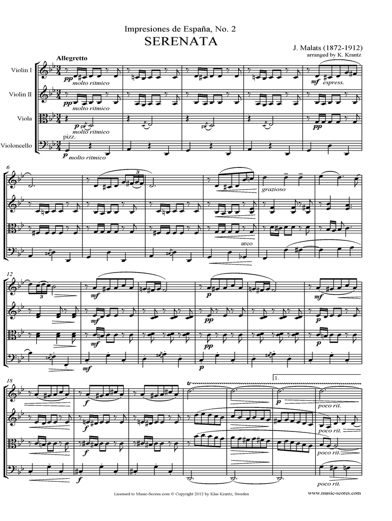 Front page of Serenata Espanola: String Quartet sheet music