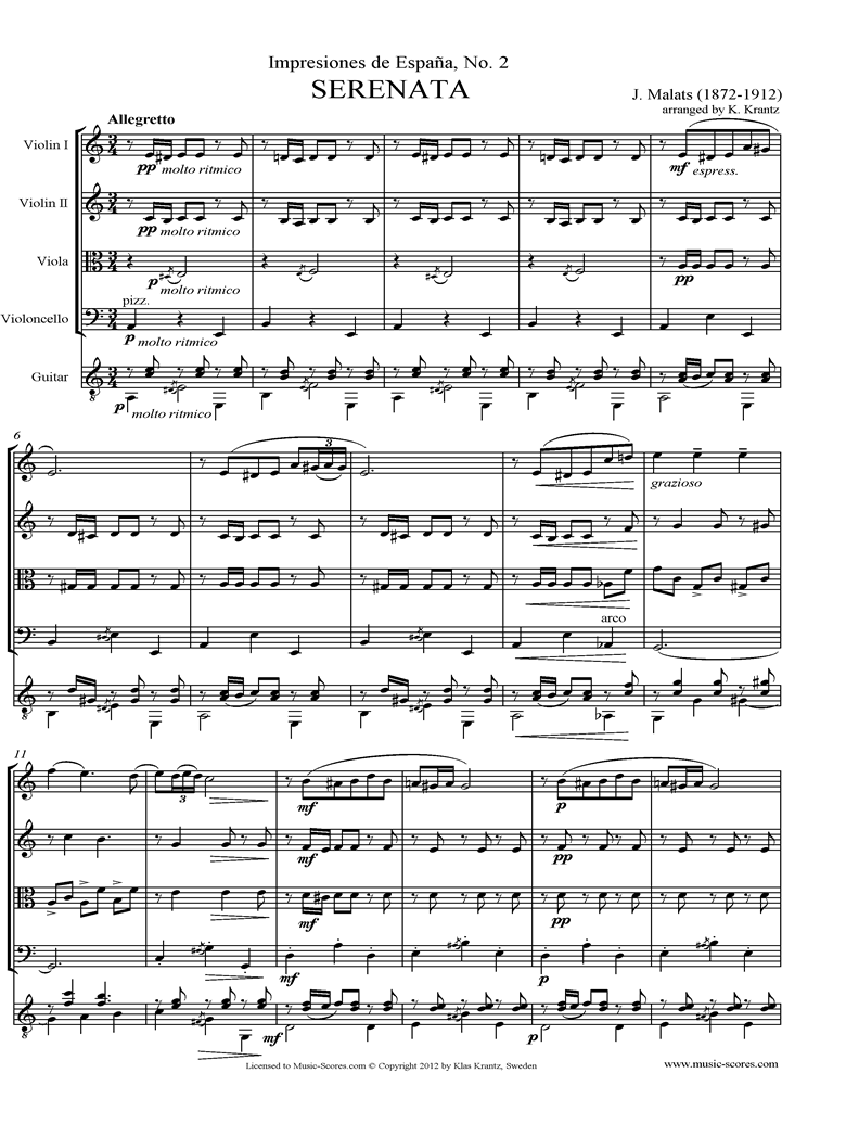 Front page of Serenata Espanola: String Quartet, Guitar sheet music