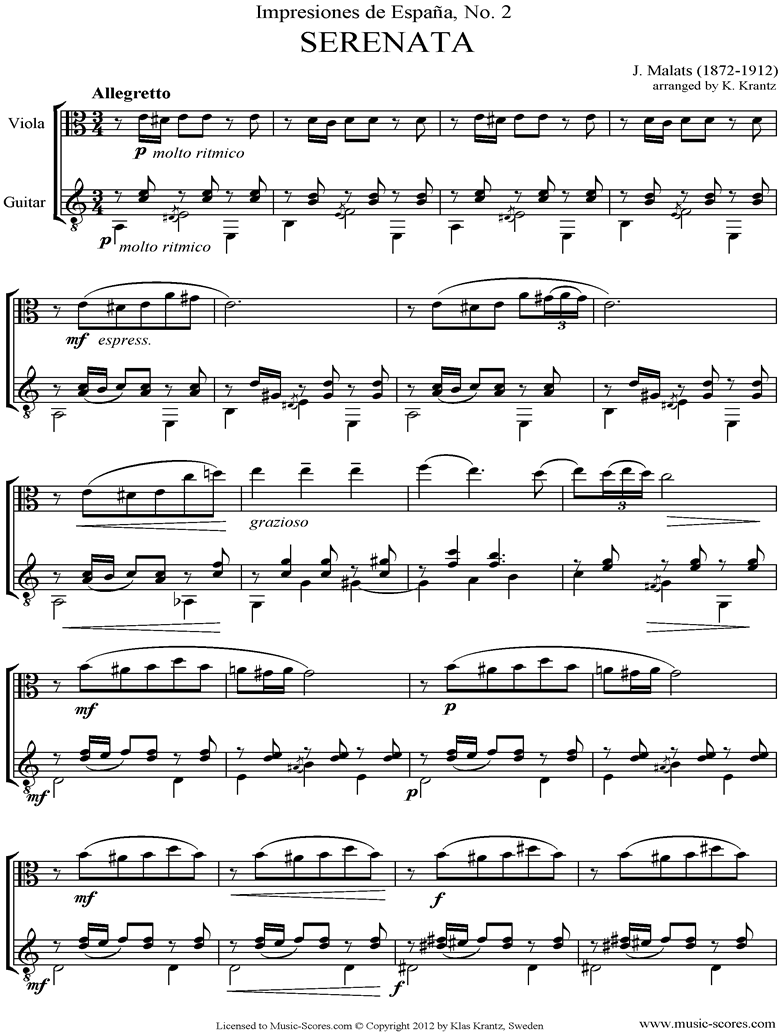 Front page of Serenata Espanola: Viola, Guitar sheet music