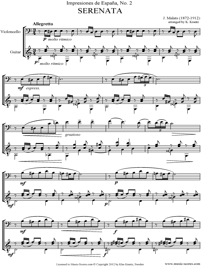 Front page of Serenata Espanola: Cello, Guitar sheet music