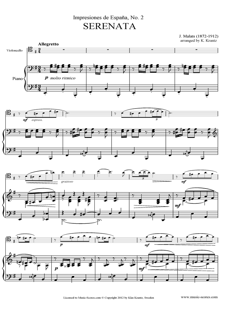 Front page of Serenata Espanola: Cello, Piano sheet music