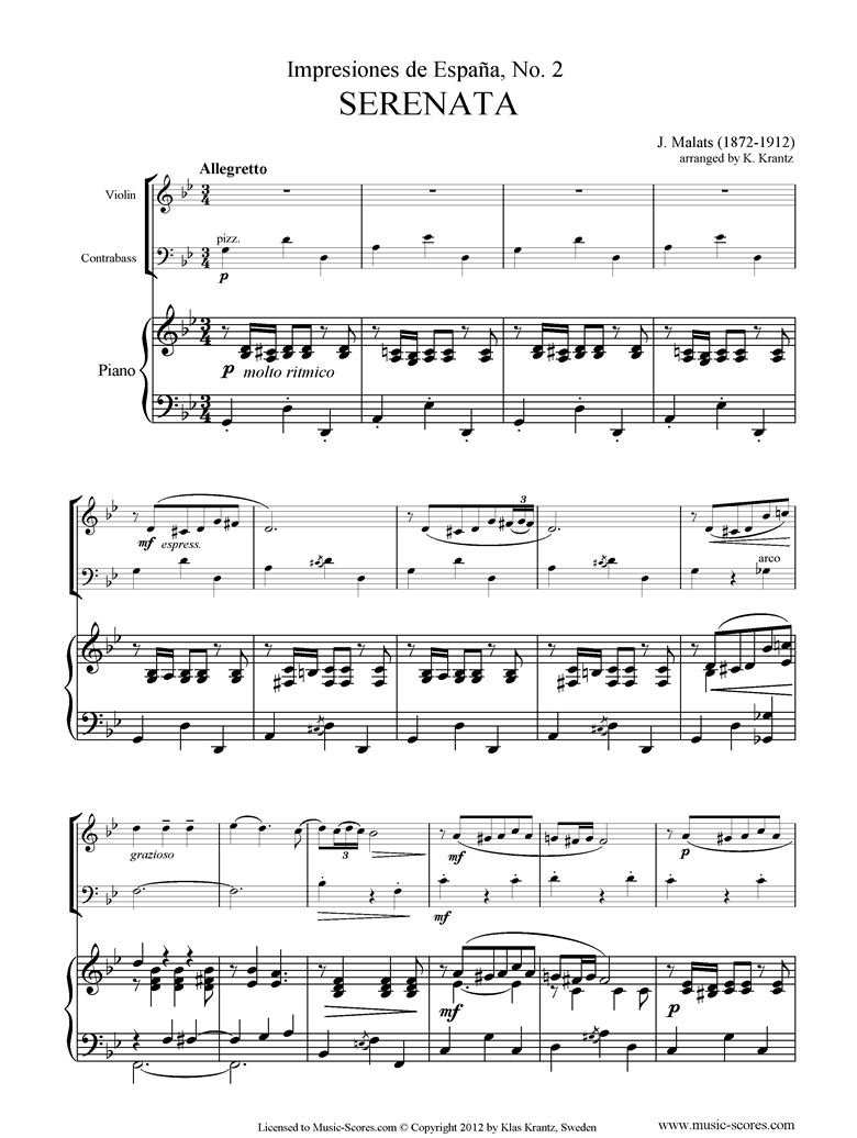 Front page of Serenata Espanola: Violin, Contrabass, Piano sheet music