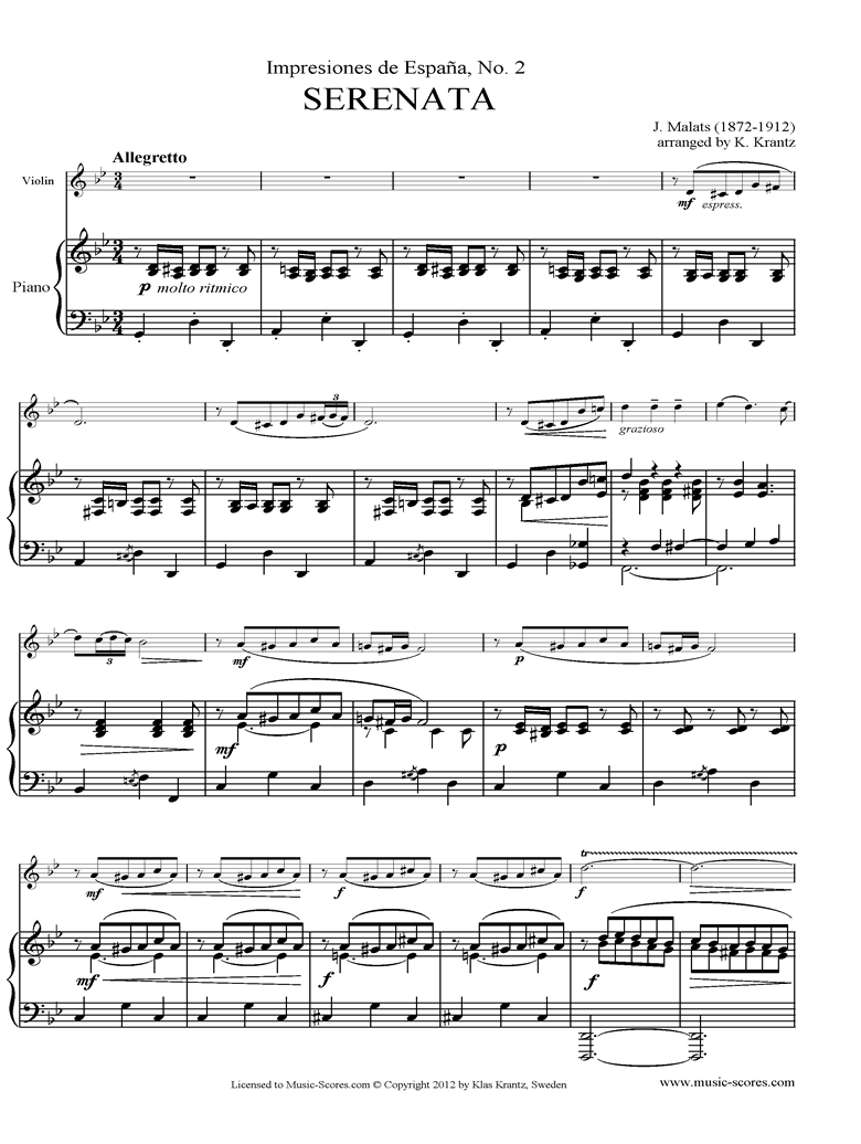 Front page of Serenata Espanola: Violin, Piano sheet music
