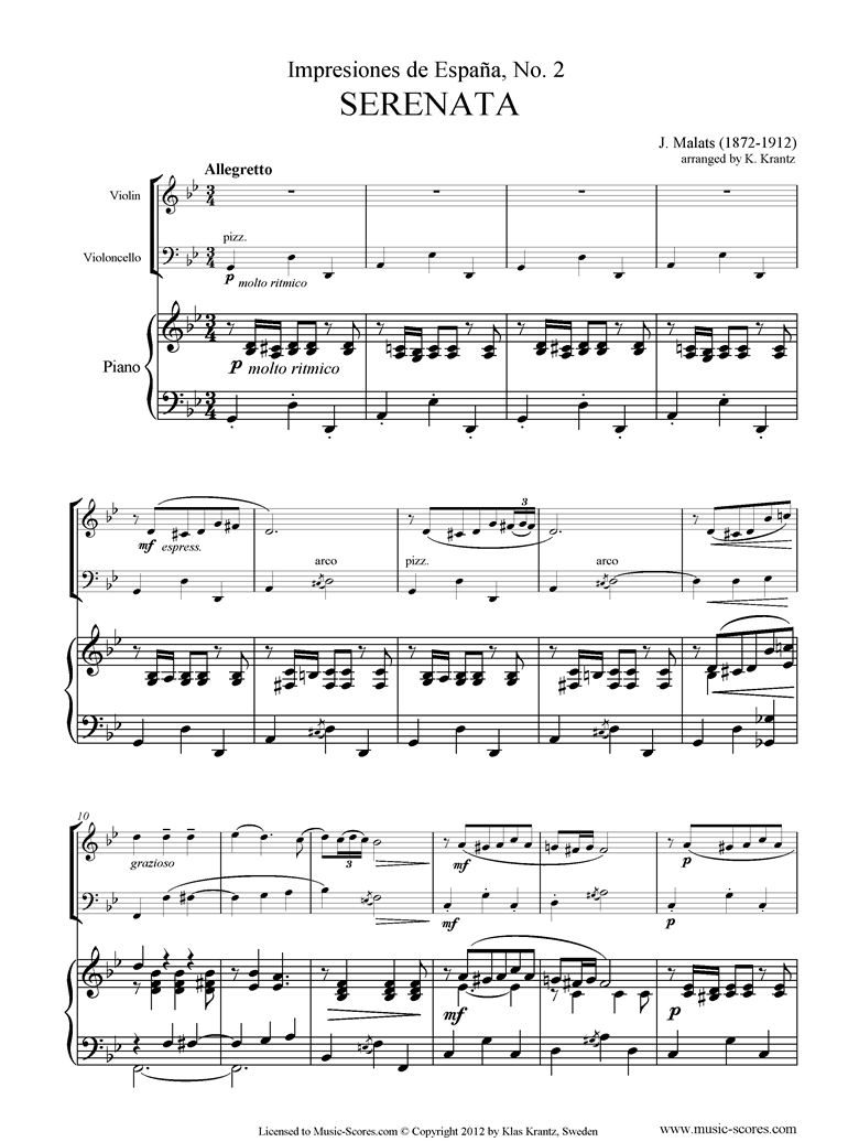 Front page of Serenata Espanola: Violin or Clarinet, Cello, Piano sheet music
