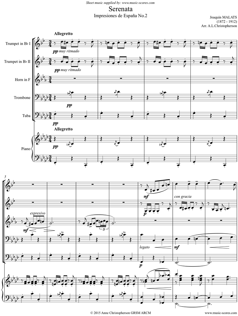 Front page of Serenata Espanola: 2 Trumpets, Horn, Trombone, Piano. sheet music