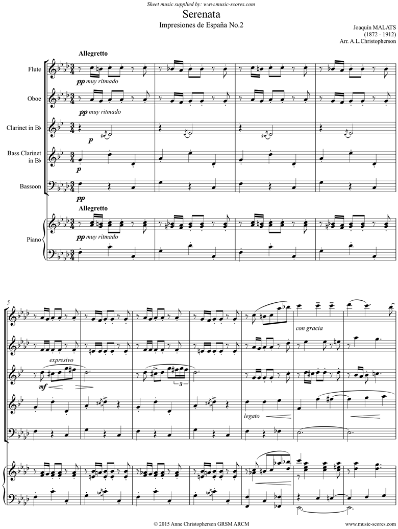 Front page of Serenata Espanola: Flute, Oboe, Clarinet, Bass Clarinet, Bassoon, Piano. sheet music