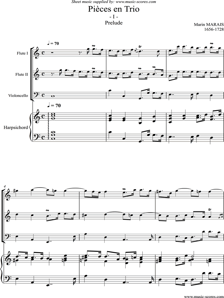 Front page of Pieces en Trio: 1: Prelude: 2 Flutes, Continuo sheet music