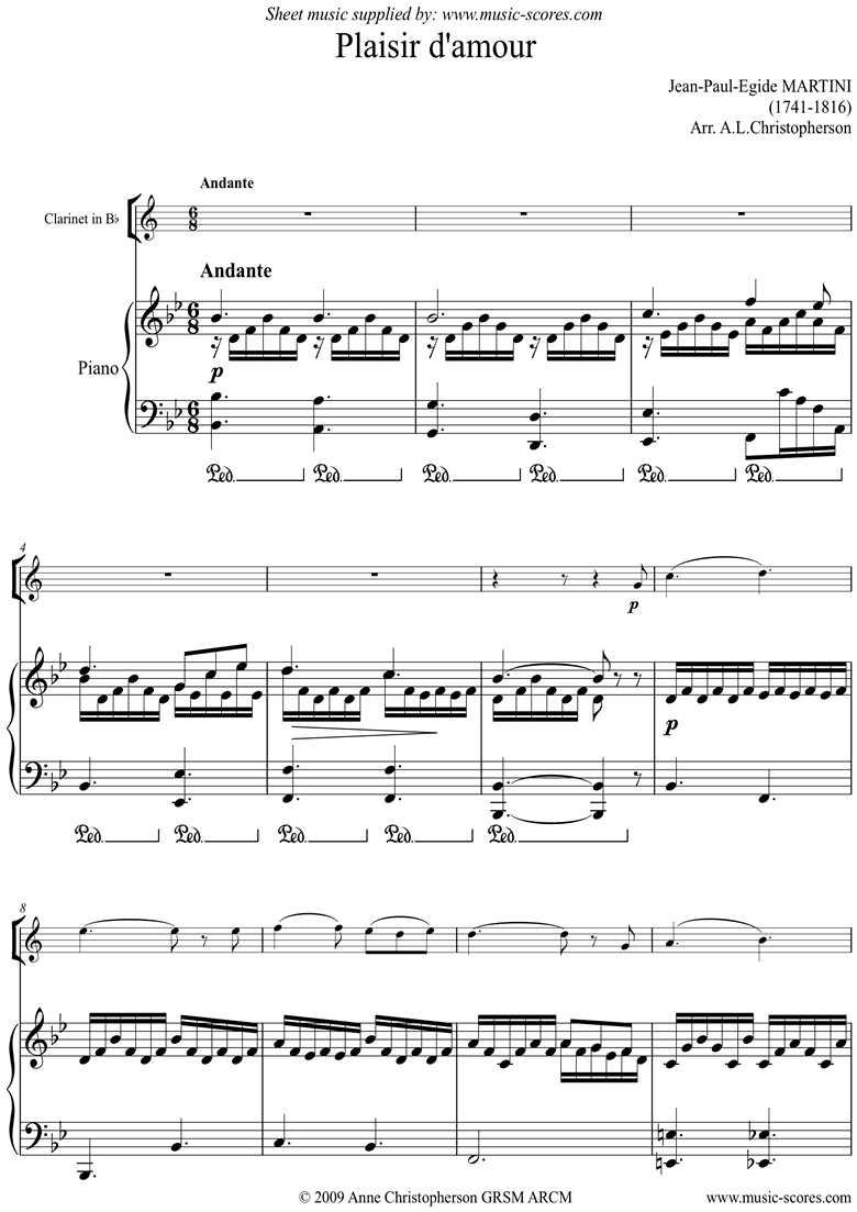 Front page of Plaisir d'Amour: Clarinet sheet music