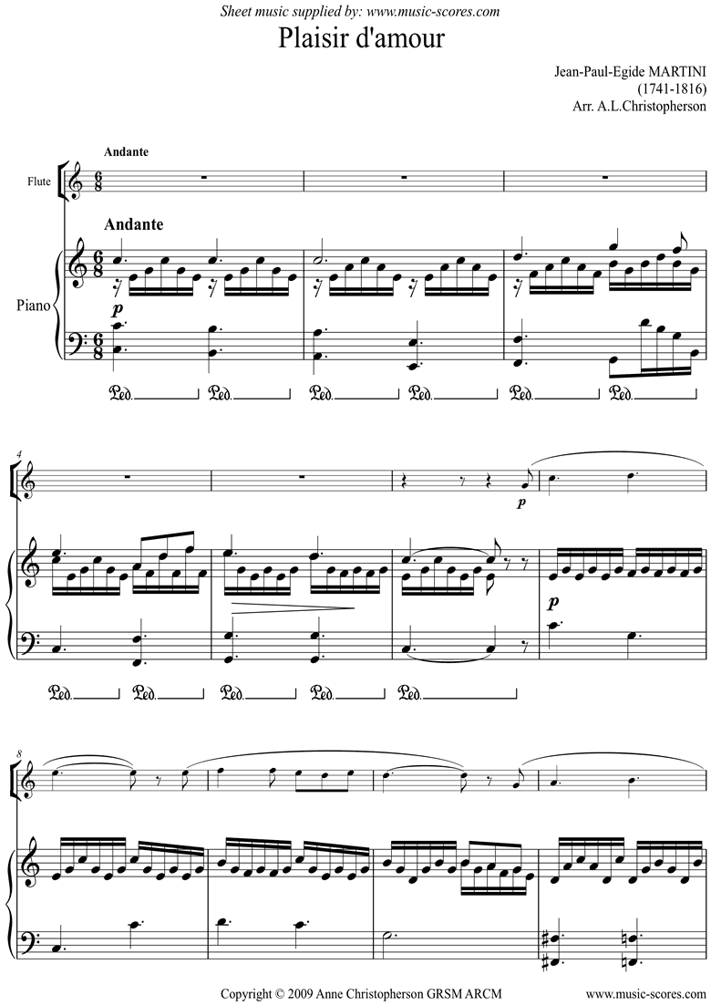 Front page of Plaisir d'Amour: Flute sheet music