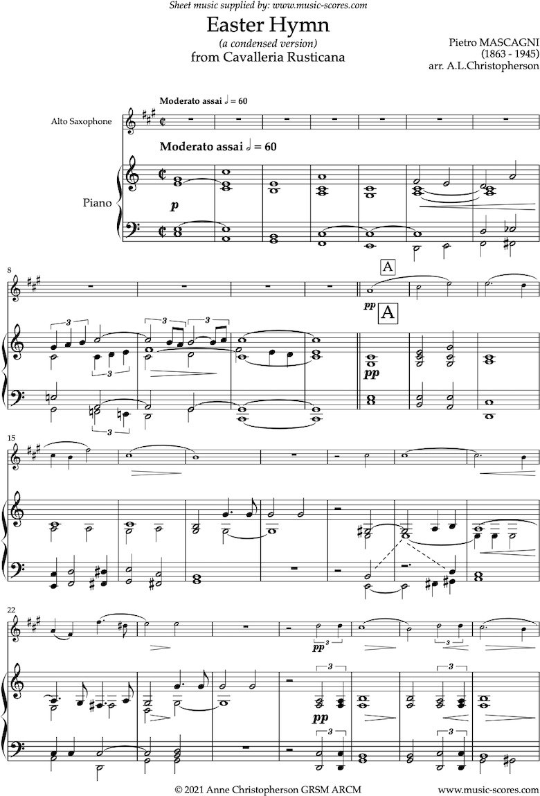 Front page of Cavalleria Rusticana: Easter Hymn: Alto Sax sheet music