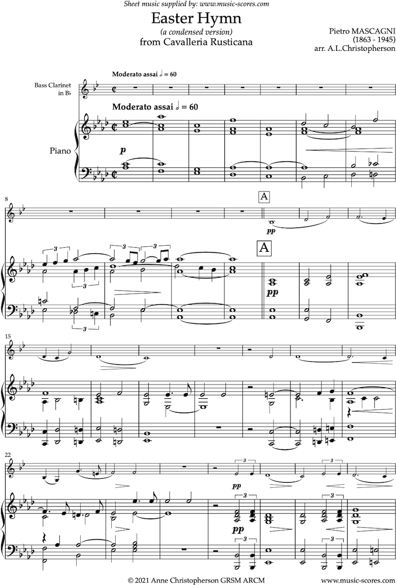 Preview of Cavalleria Rusticana Easter Hymn Bass Clarinet by Mascagni Front page of Cavalleria Rusticana: Easter Hymn: Bass Clarinet sheet music
