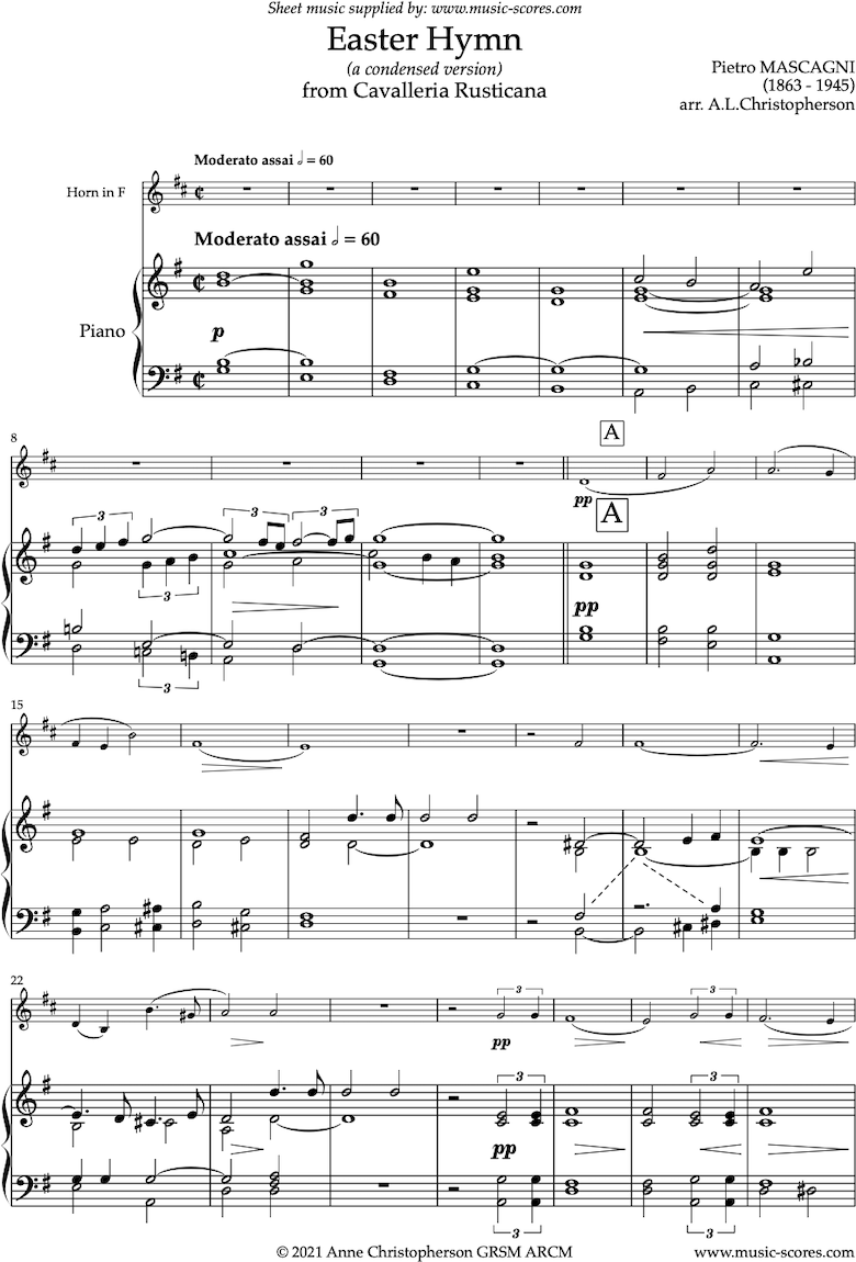 Front page of Cavalleria Rusticana: Easter Hymn: Horn in F sheet music