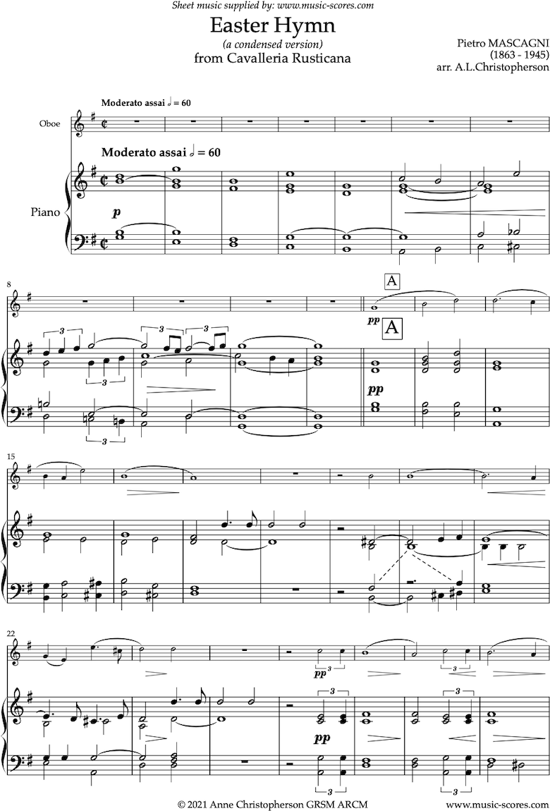 Front page of Cavalleria Rusticana: Easter Hymn: Oboe sheet music