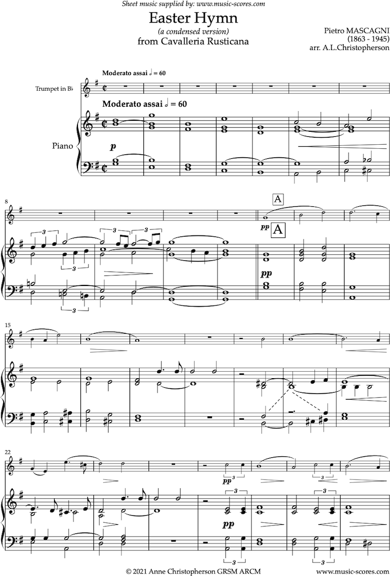 Front page of Cavalleria Rusticana: Easter Hymn: Trumpet sheet music