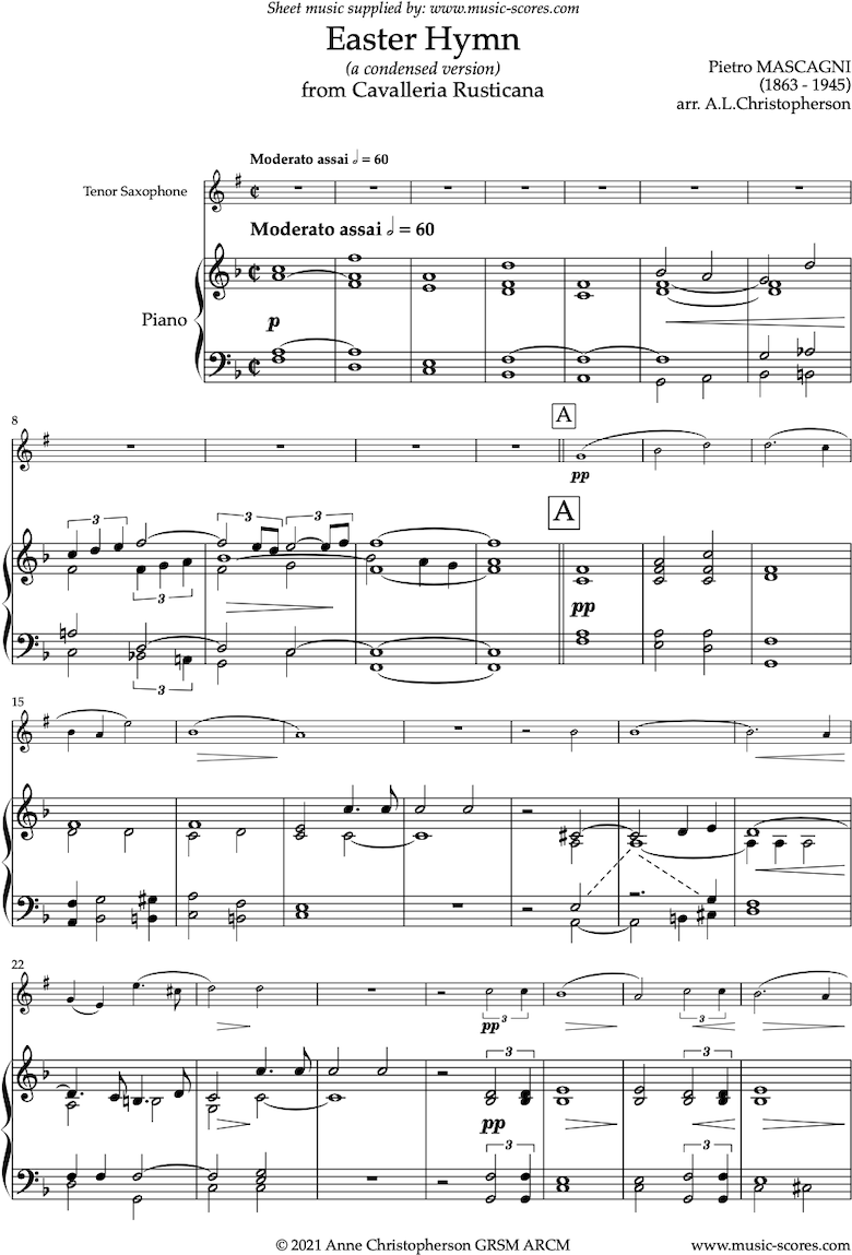 Front page of Cavalleria Rusticana: Easter Hymn: Tenor Sax sheet music