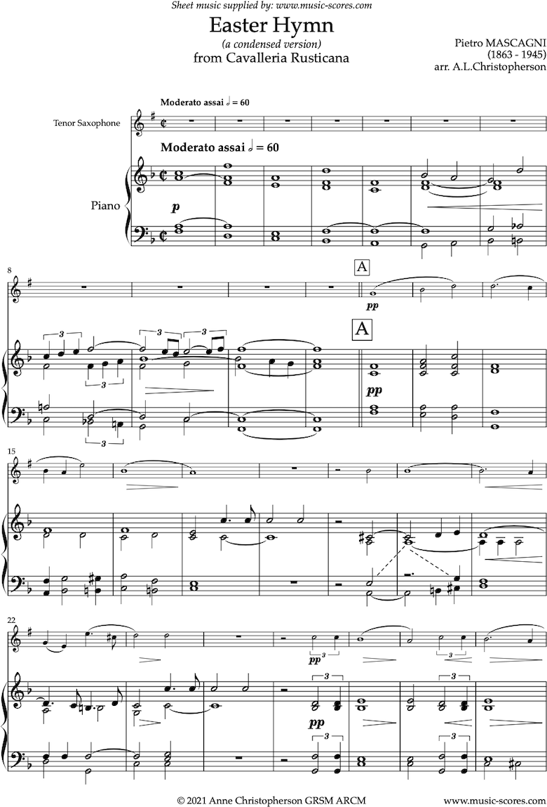 Cavalleria Rusticana: Easter Hymn: Tenor Sax by Mascagni
