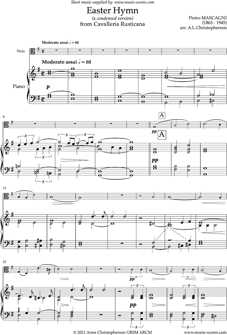 Front page of Cavalleria Rusticana: Easter Hymn: Viola sheet music