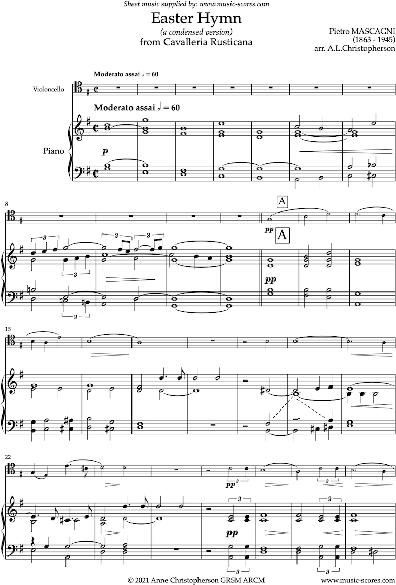 Front page of Cavalleria Rusticana: Easter Hymn: high Cello - tenor clef  sheet music
