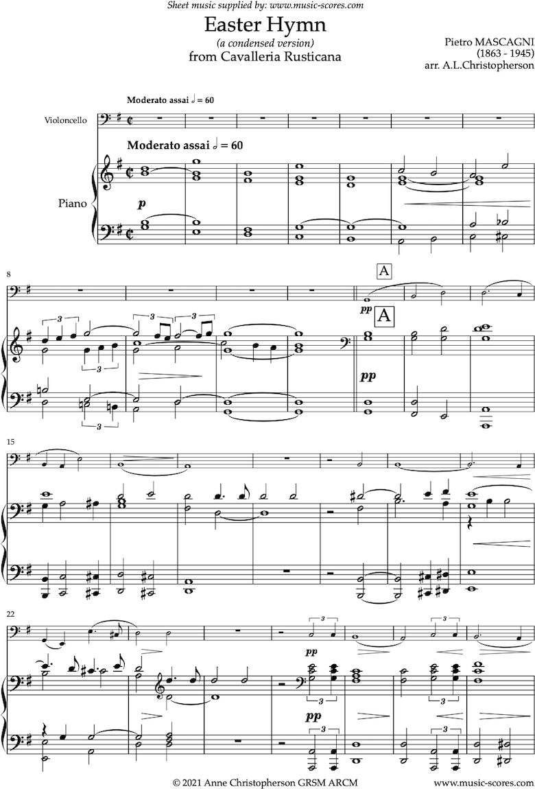 Front page of Cavalleria Rusticana: Easter Hymn: low Cello - bass clef  sheet music