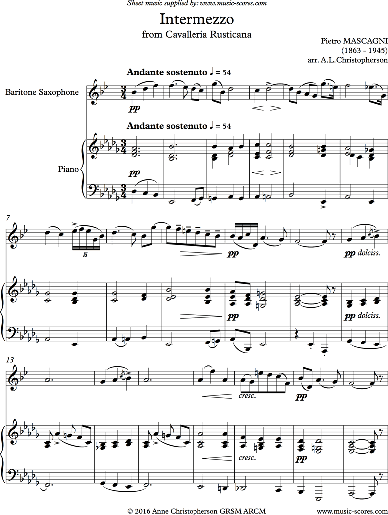 Front page of Cavalleria: Intermezzo: Bari Sax sheet music
