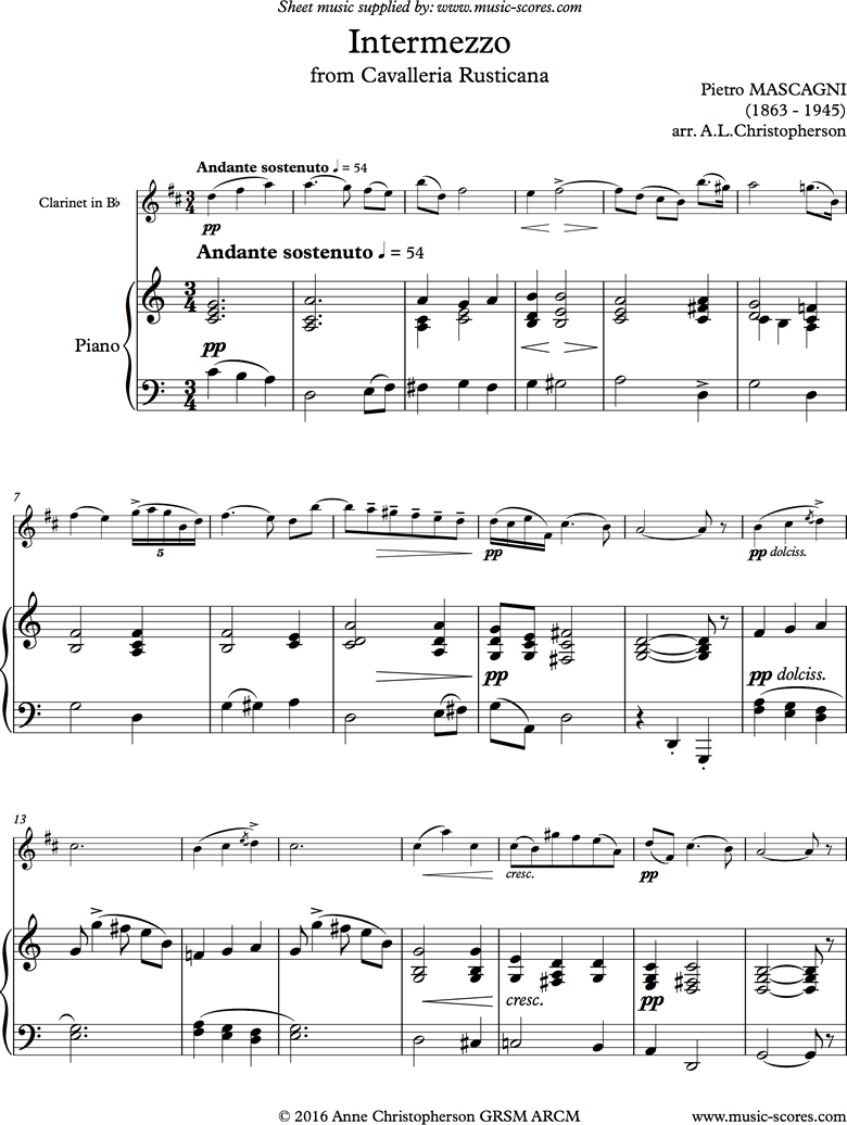 Front page of Cavalleria: Intermezzo: Clarinet sheet music
