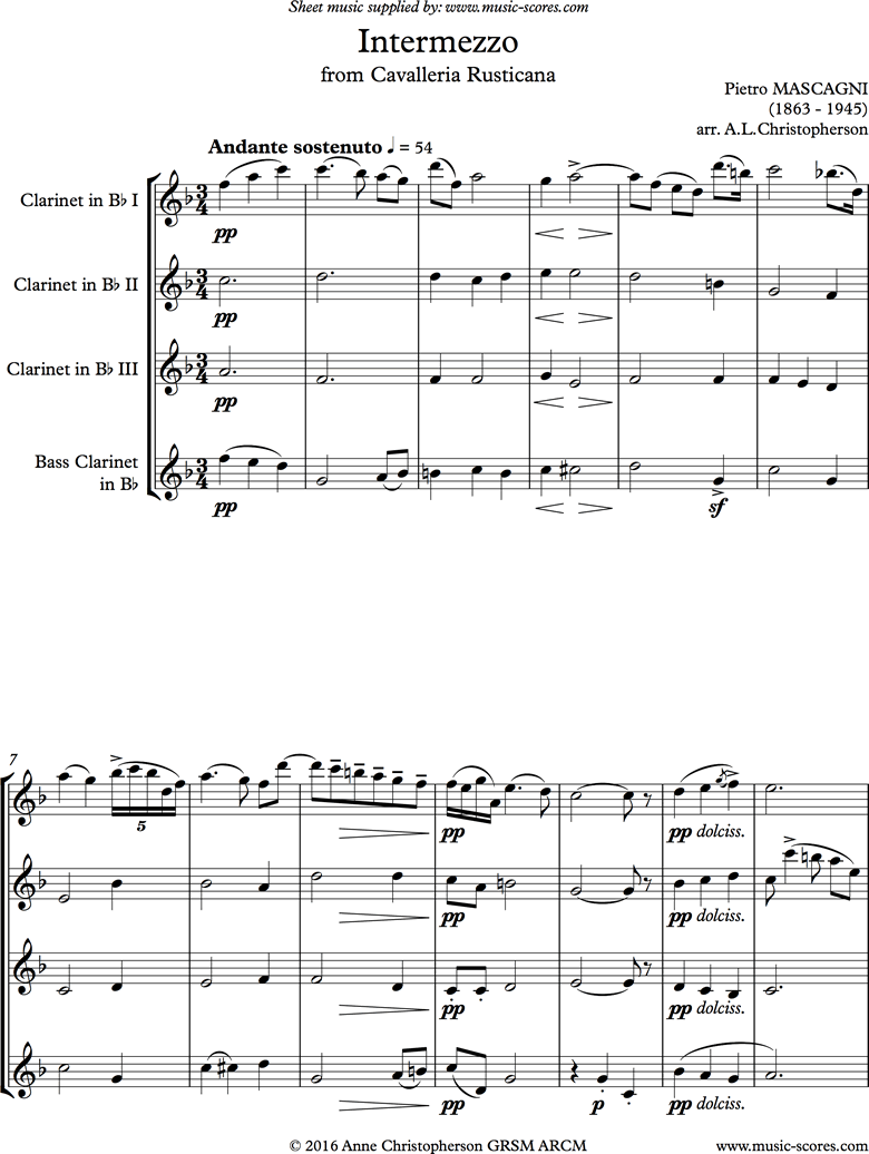 Front page of Cavalleria: Intermezzo: Clarinet Quartet sheet music