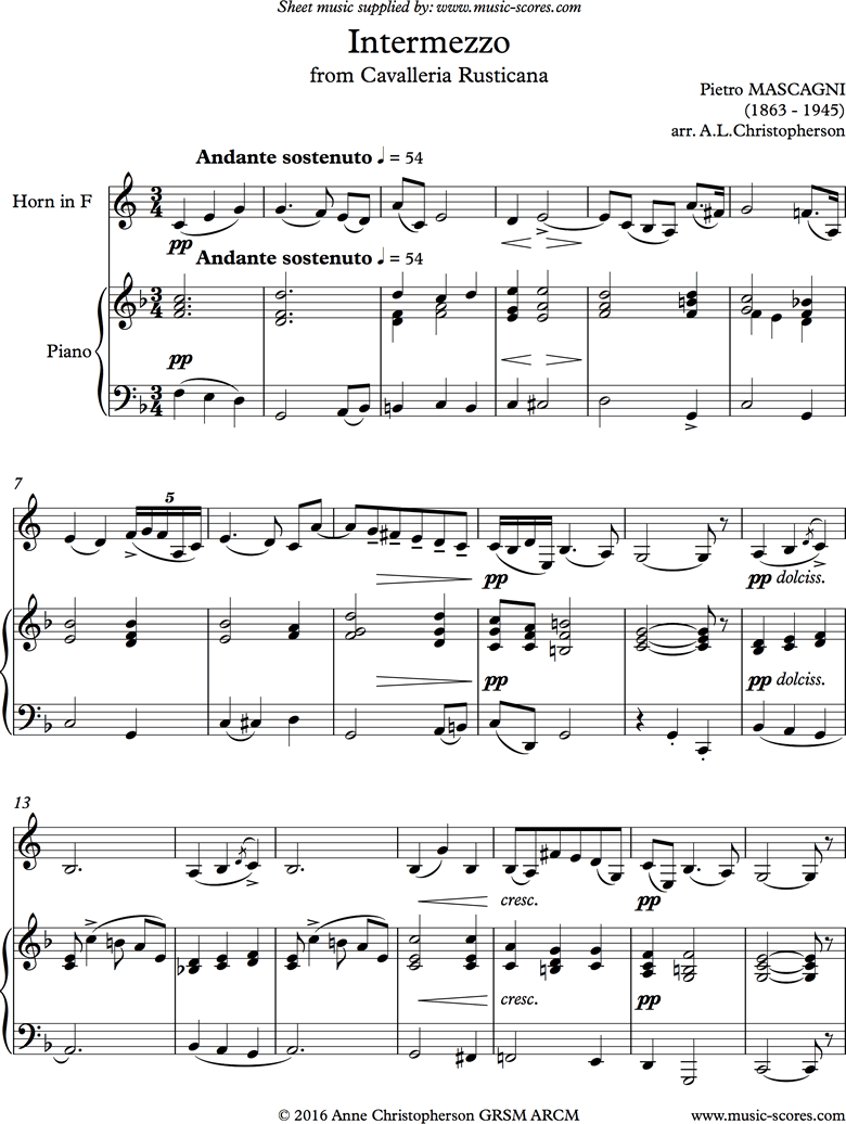 Front page of Cavalleria: Intermezzo: French Horn sheet music