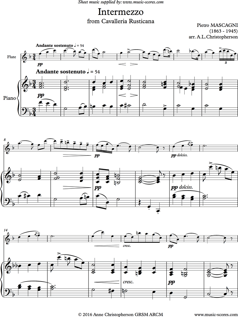 Front page of Cavalleria: Intermezzo: Flute sheet music