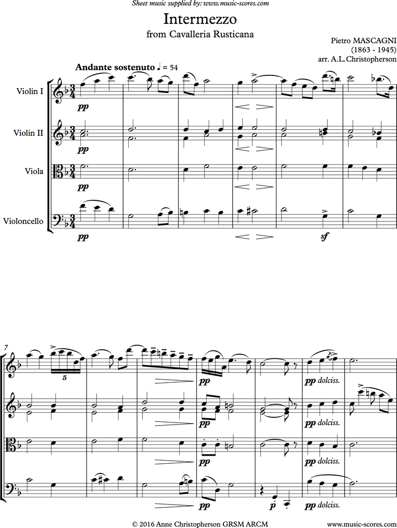 Front page of Cavalleria: Intermezzo: String Quartet sheet music