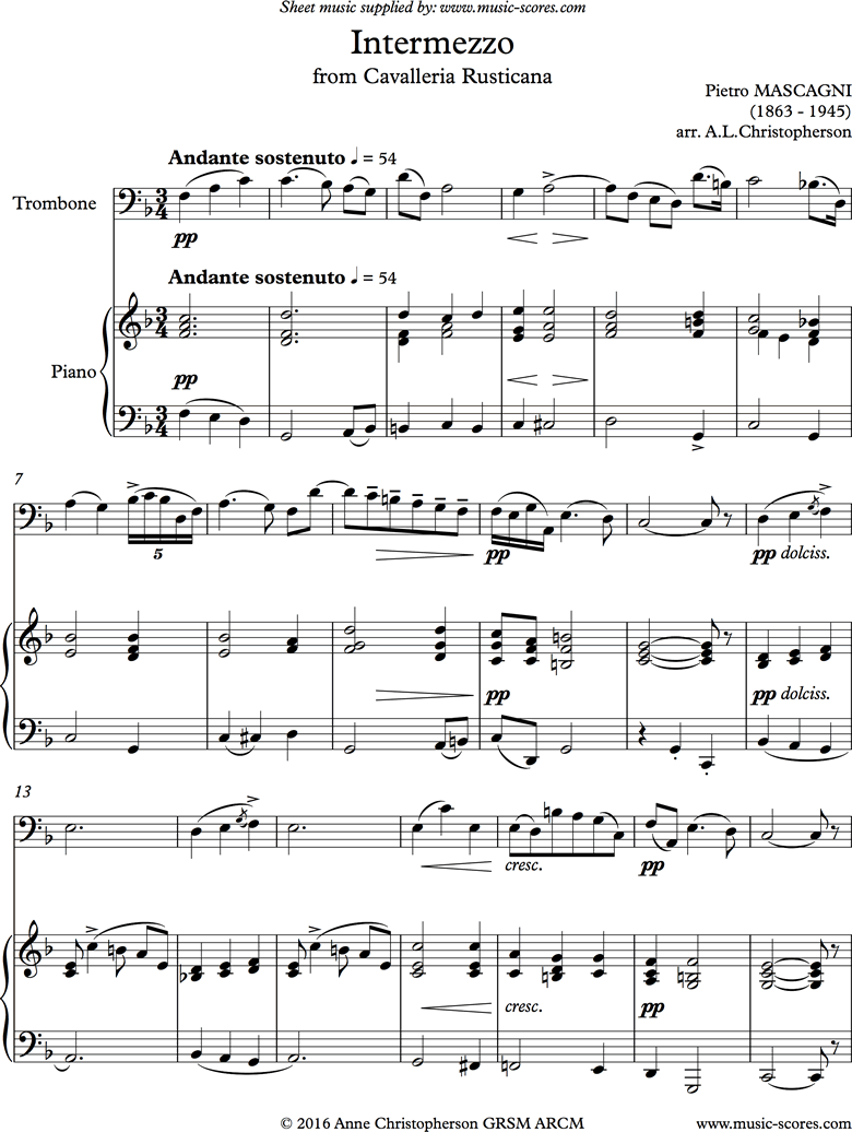 Front page of Cavalleria: Intermezzo: Trombone sheet music