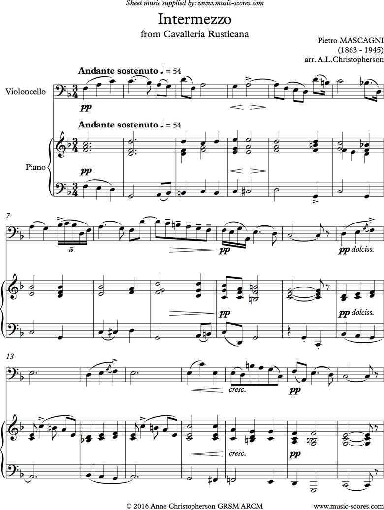 Front page of Cavalleria: Intermezzo: Cello sheet music