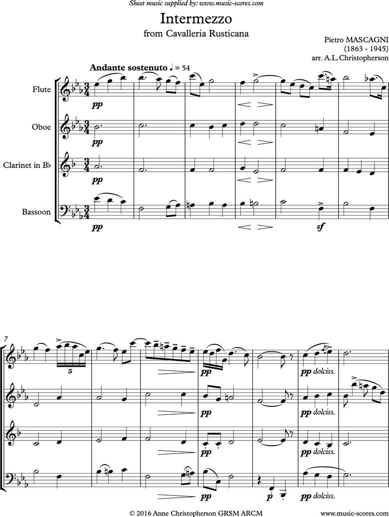 Front page of Cavalleria: Intermezzo: Wind Quartet sheet music
