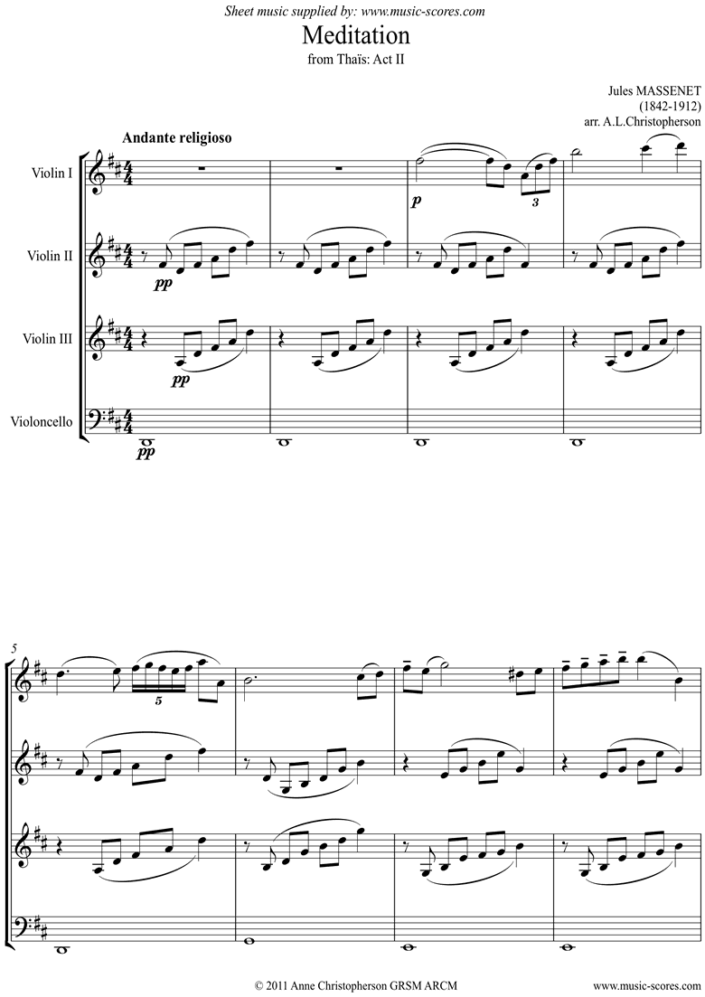 Front page of Thais, Act 2: Meditation: 3vns vc sheet music