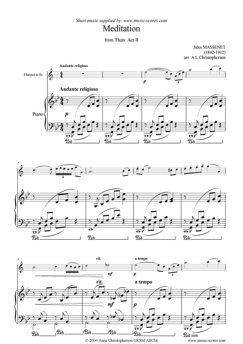 Front page of Thais, Act 2: Meditation: Clarinet sheet music