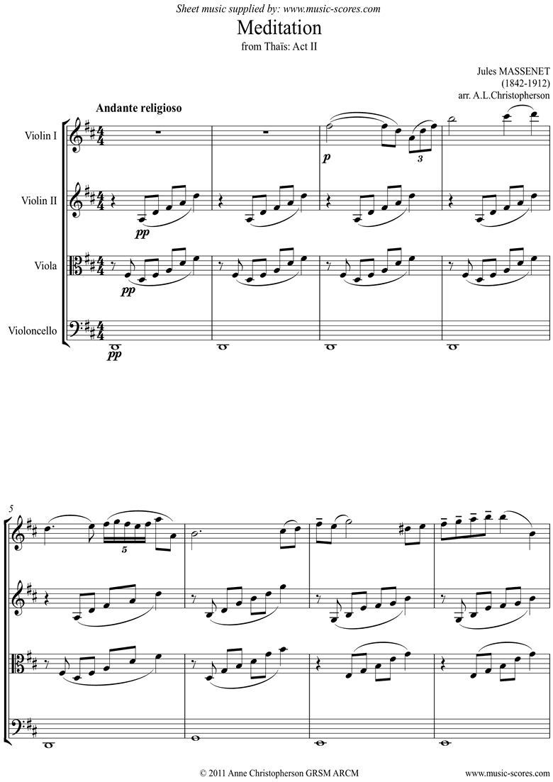 Front page of Thais, Act 2: Meditation: 2vns va vc sheet music