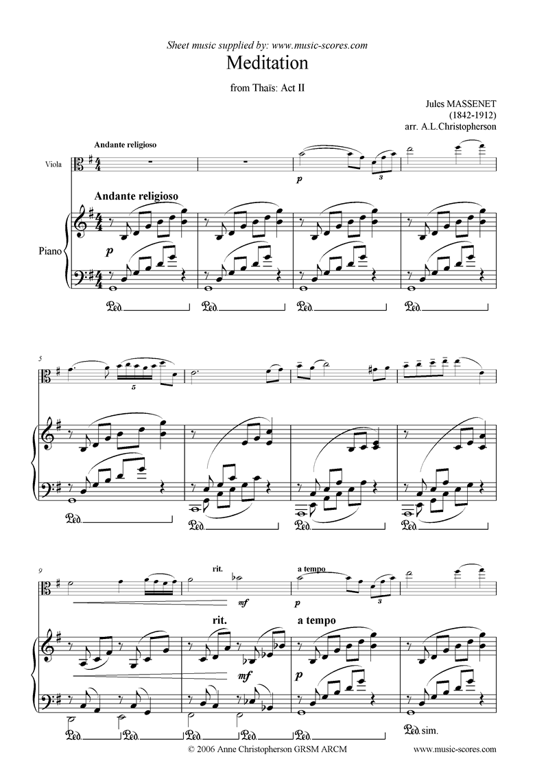 Front page of Thais, Act 2: Meditation: Viola sheet music