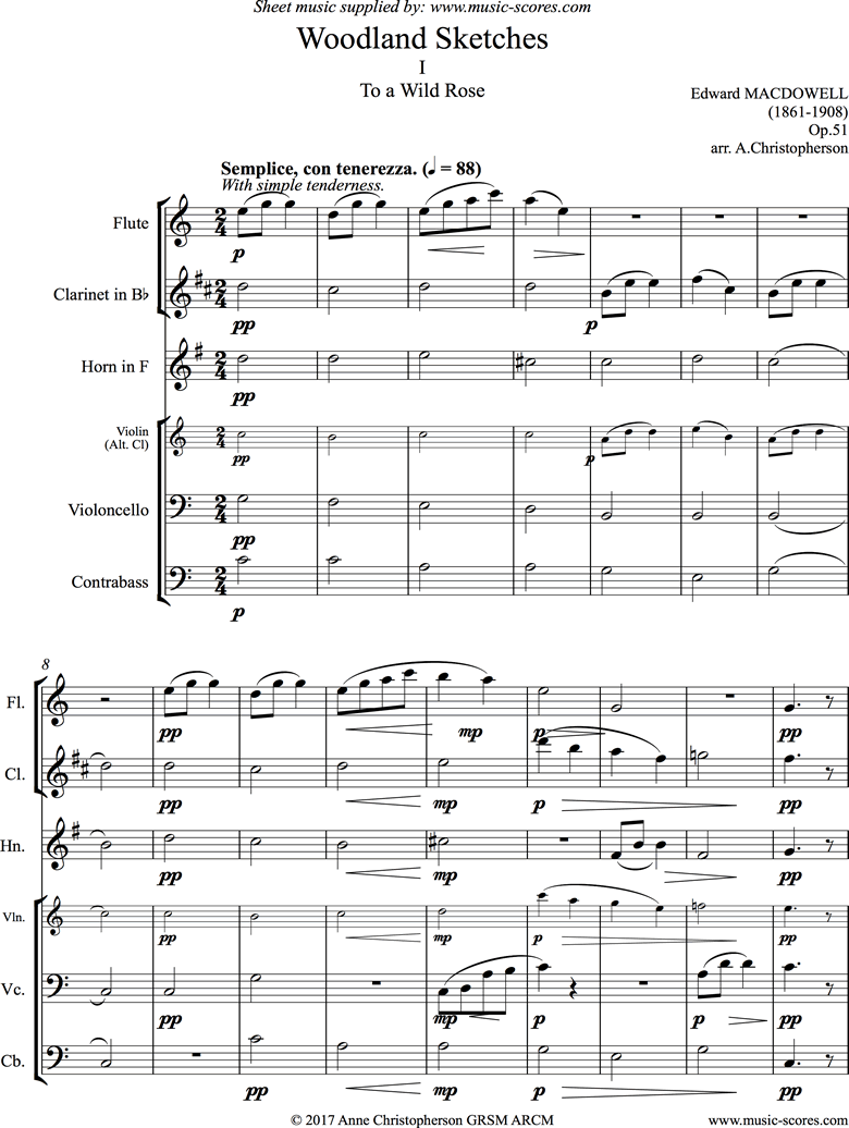 To a Wild Rose: Flute, Clarinet, French Horn, Cello, Double Bass by MacDowell