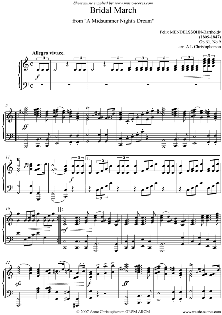 Op.61: Midsummer Nights Dream: Bridal March: Piano by Mendelssohn
