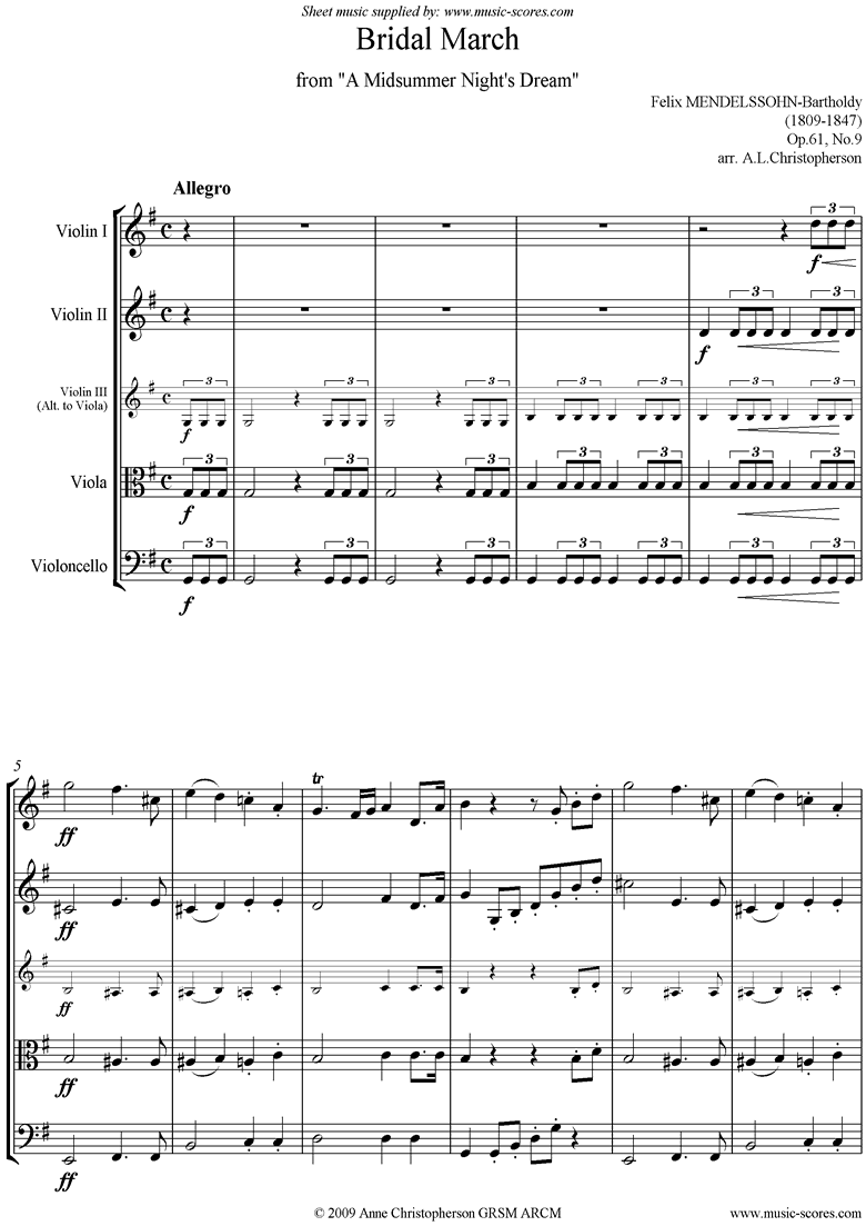 Front page of Op.61: Midsummer Nights Dream: Bridal March: String 4 sheet music