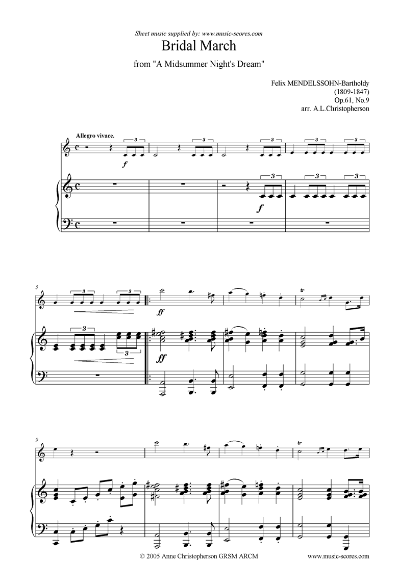 Front page of Op.61: Midsummer Nights Dream: Bridal March: Violin sheet music