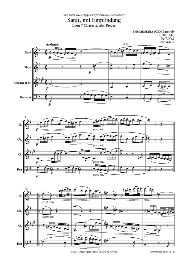 Front page of Op.7, No.1: Sanft, mit Empfindung: Flute, Oboe, Clarinet, Bassoon sheet music