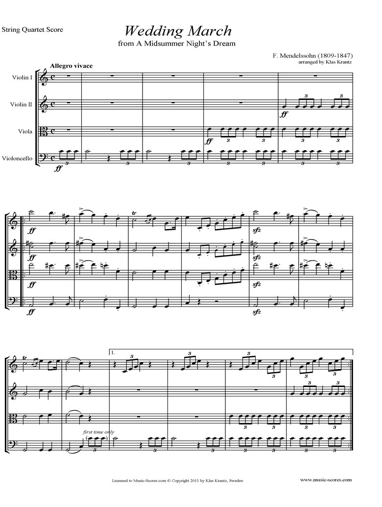 Front page of Op.61: Midsummer Nights Dream: Bridal March: String Quartet sheet music